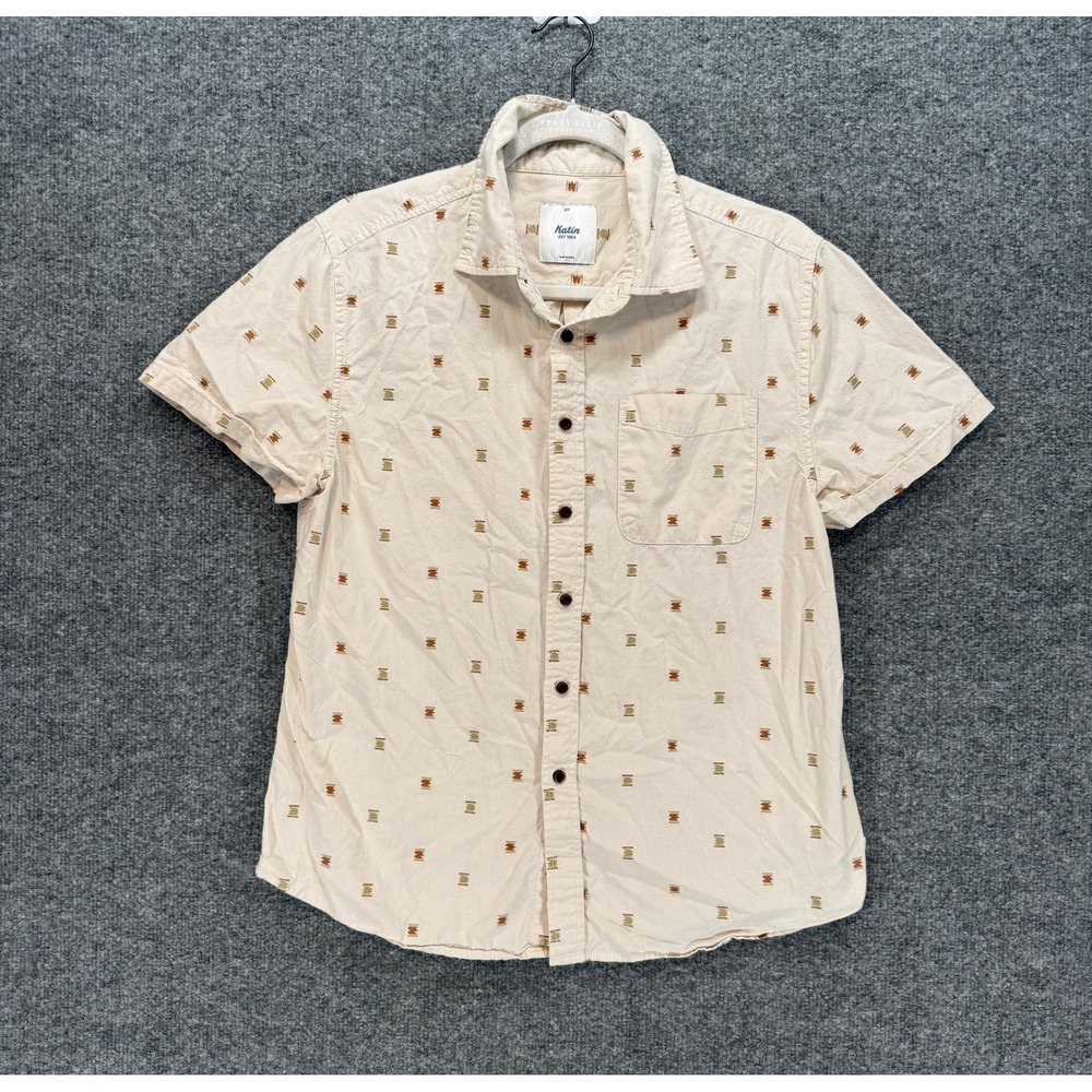 Katin Button Up Shirt Mens Small Cream Embroidered Geometric Surf Casual Top‎